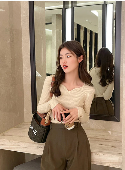 V-neck  Long Sleeve Bodycon Sweater