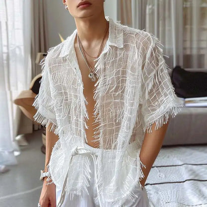 Men's Tassel Chiffon Transparent Lapel Short Sleeve Shirt
