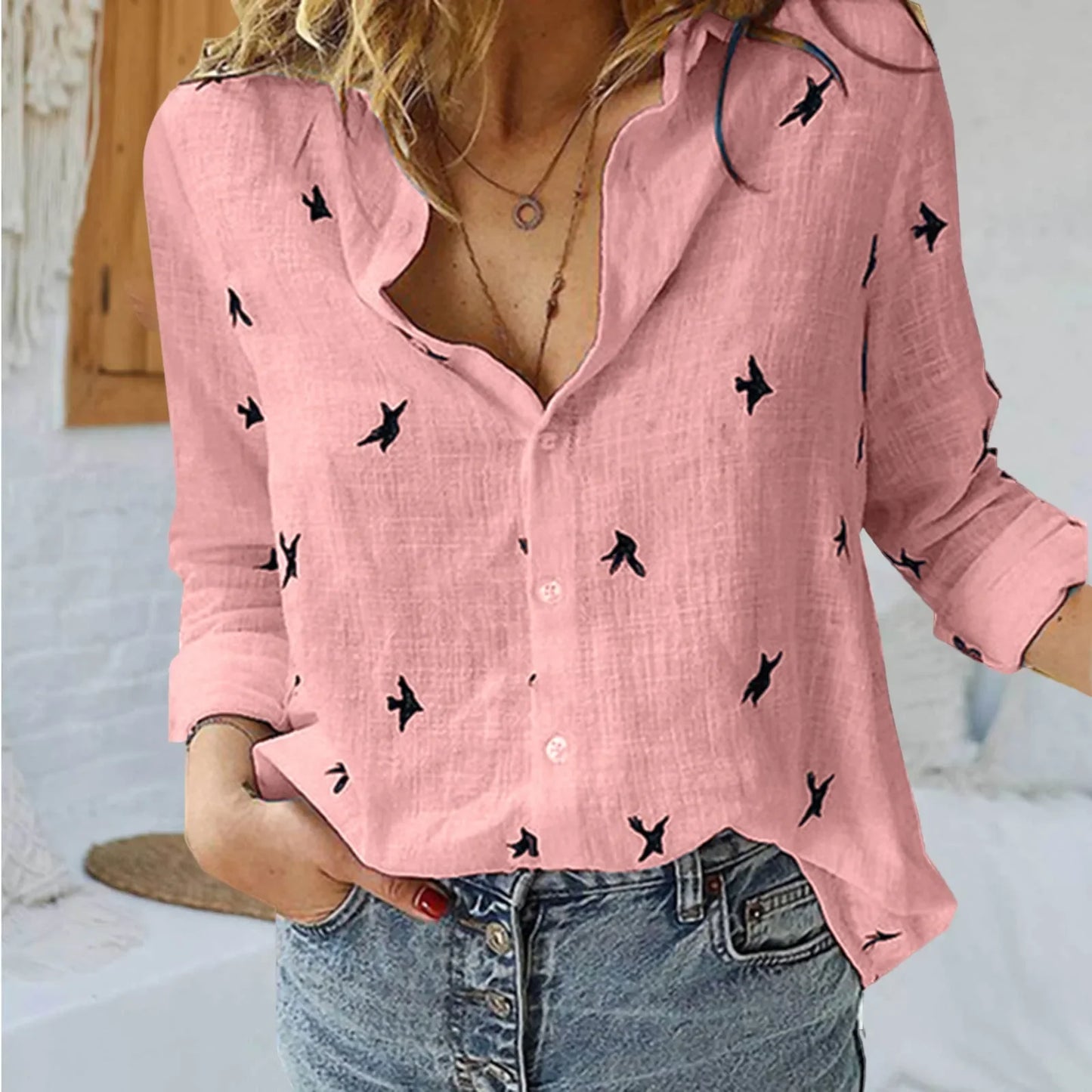 Elegant V-Neck Long-Sleeve Lady's Shirt