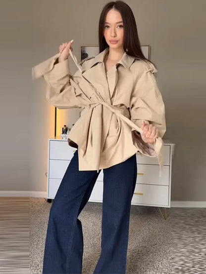 Lace Up Trench Coat With Belt Suit