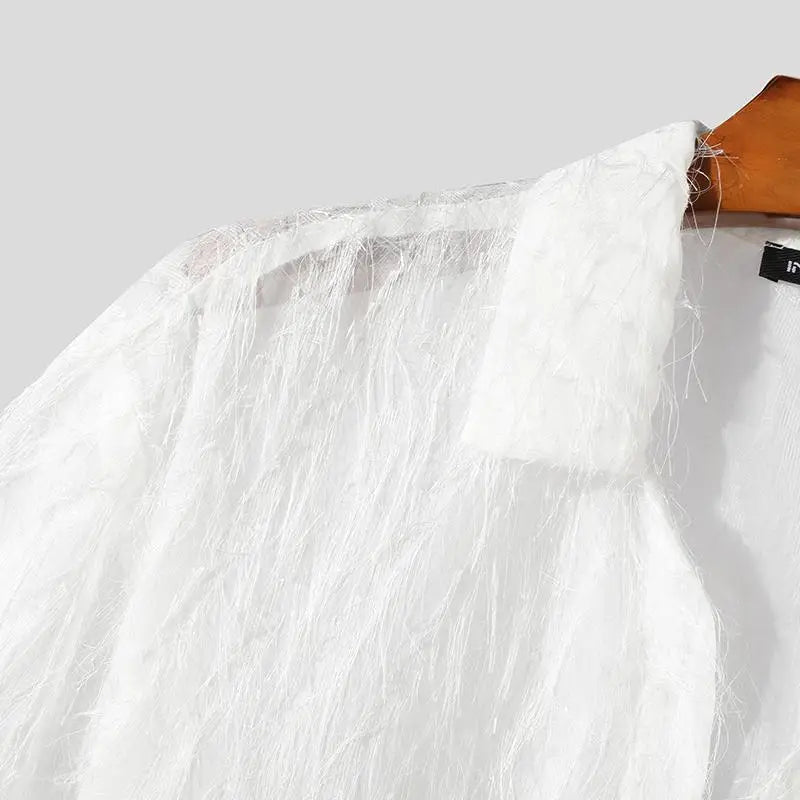 Men's Tassel Chiffon Transparent Lapel Short Sleeve Shirt