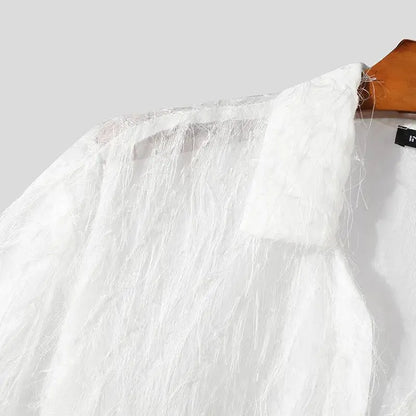 Men's Tassel Chiffon Transparent Lapel Short Sleeve Shirt