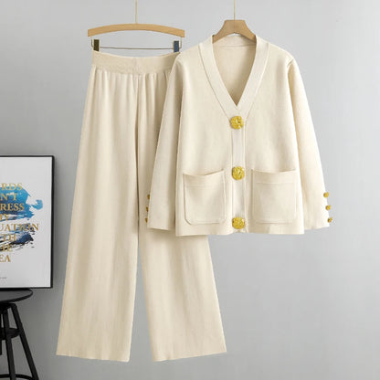 V-neck  Long Sleeve Sweater Cardigan Pants Set