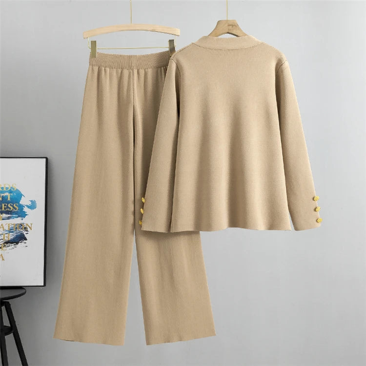 V-neck  Long Sleeve Sweater Cardigan Pants Set