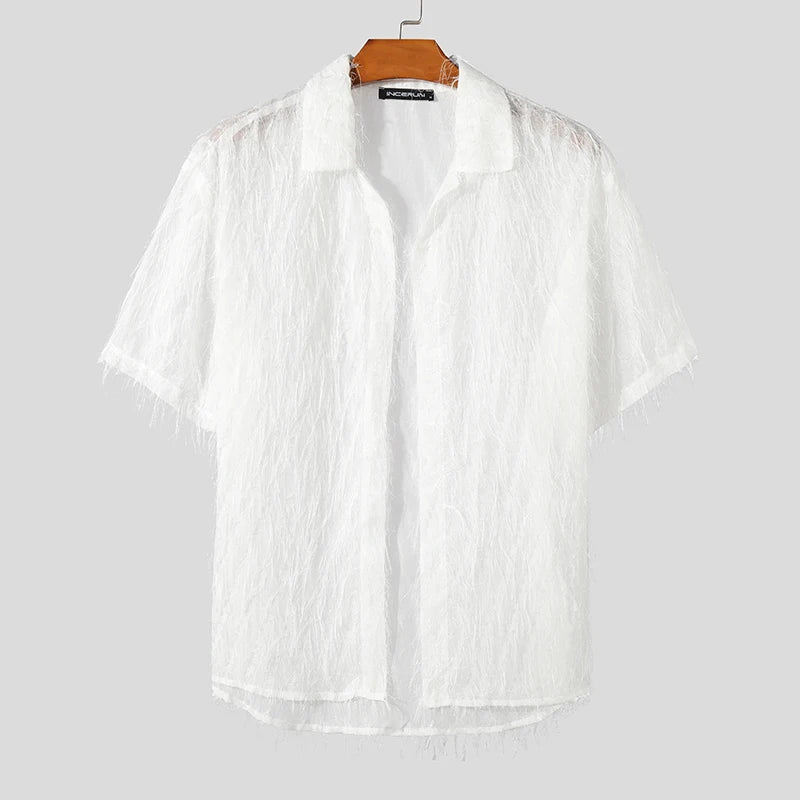 Men's Tassel Chiffon Transparent Lapel Short Sleeve Shirt
