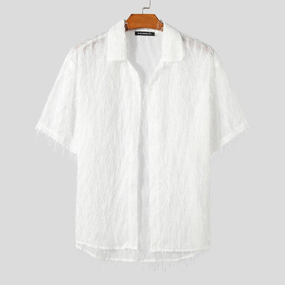 Men's Tassel Chiffon Transparent Lapel Short Sleeve Shirt
