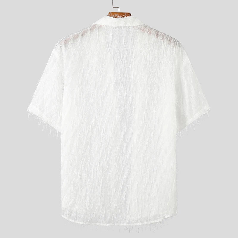 Men's Tassel Chiffon Transparent Lapel Short Sleeve Shirt