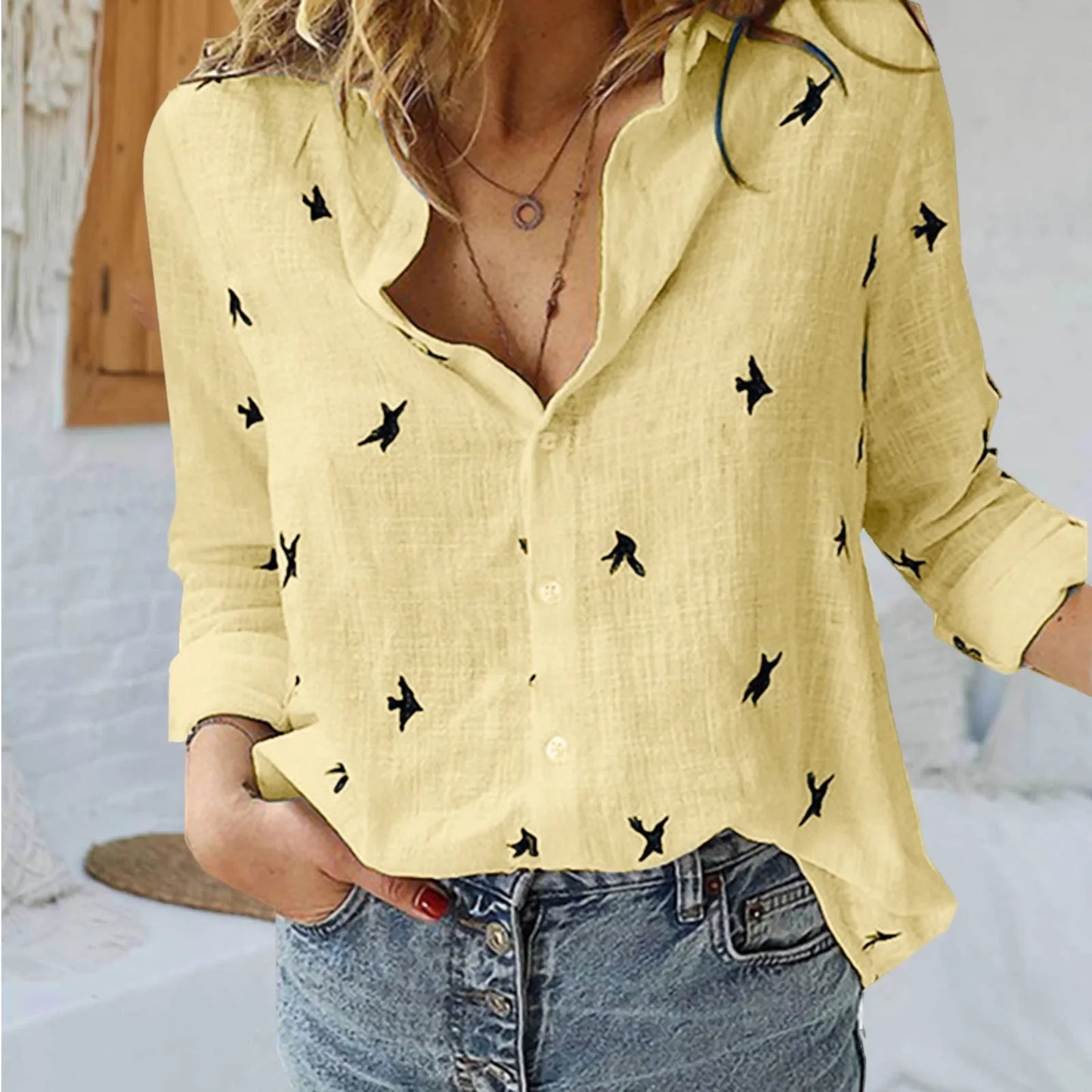 Elegant V-Neck Long-Sleeve Lady's Shirt