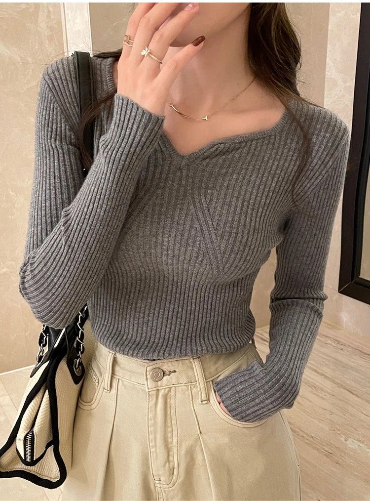 V-neck  Long Sleeve Bodycon Sweater